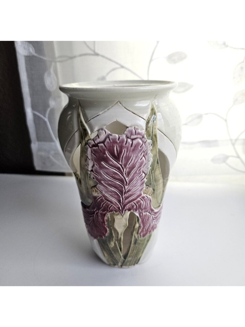 Vintage Majolica Vase Purple Iris Signed Studio Pottery